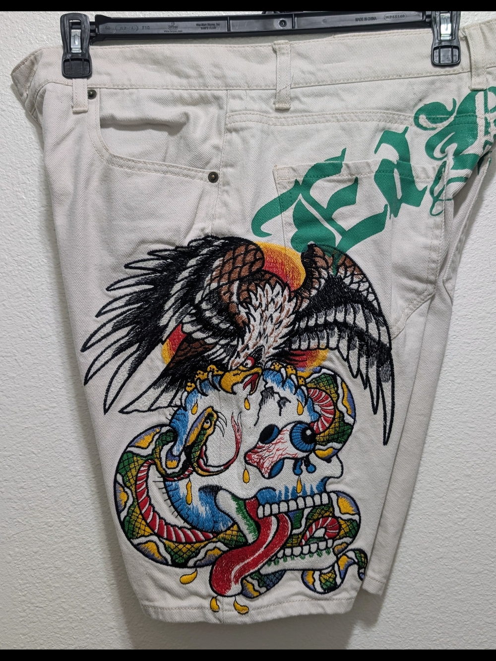 Ed Hardy Skull & Eagle White Denim Shorts with Green Script